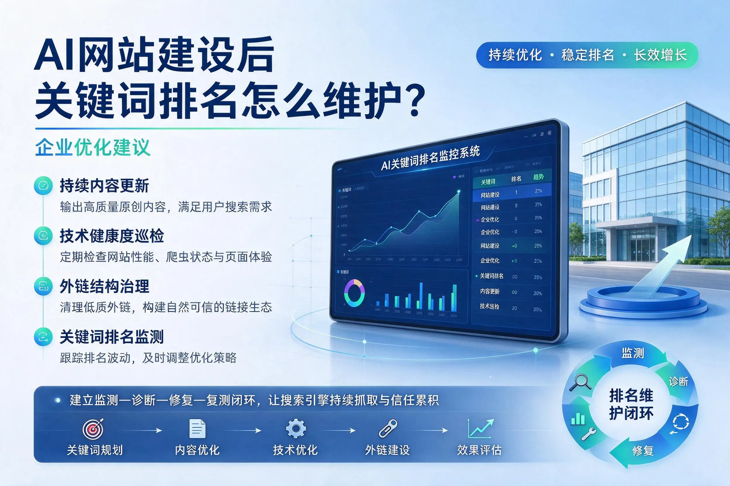 AI网站建设后关键词排名怎么维护?江门企业优化建议