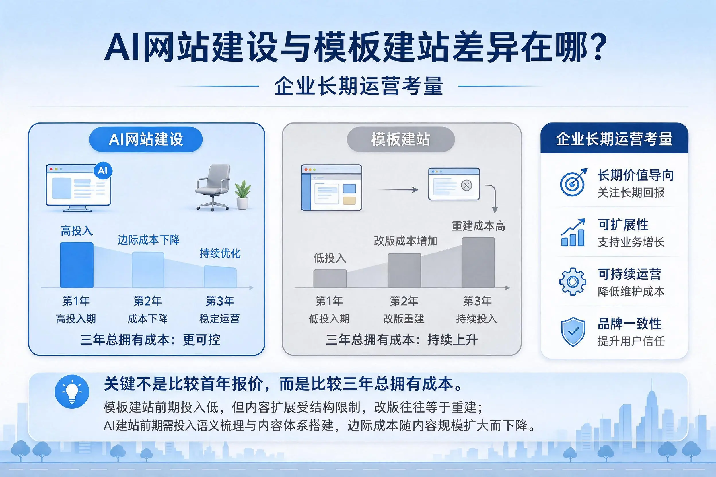 AI网站建设与模板建站差异在哪？江门企业长期运营考量